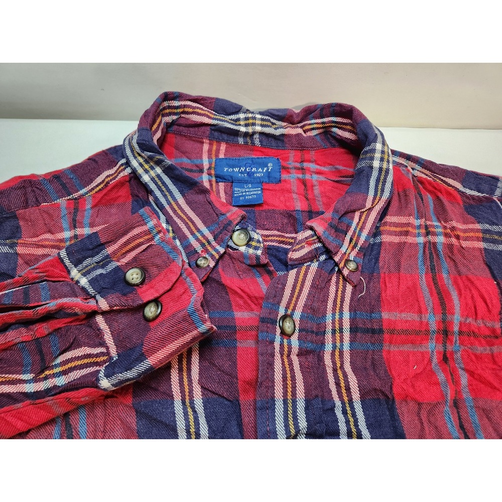 Towncraft Mens L Red Blue Plaid Button Down Shirt‎ Plaid Flannel Long Sleeve